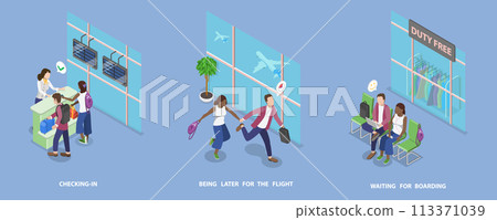 3D Isometric Flat Vector Illustration of Traveling By Plane, Holiday Trip 3D Isometric Flat Vector Illustration of Traveling By Plane, Holiday Trip 113371039