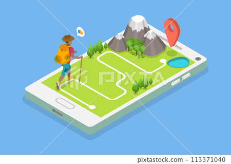 3D Isometric Flat Vector Illustration of Mountain Tourism, Hiking Trail 3D Isometric Flat Vector Illustration of Mountain Tourism, Hiking Trail 113371040