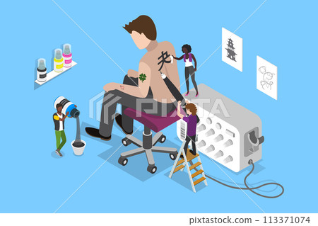 3D Isometric Flat Vector Illustration of Studio Tatto, Professional Artist at Work 113371074