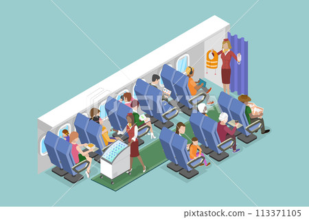 3D Isometric Flat Vector Illustration of Airplane Economy Class, Passenger and Personnel Inside Jet 113371105
