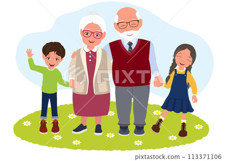 Flat Vector Illustration of Grandparents and Grandchildren, Happy Family 113371106