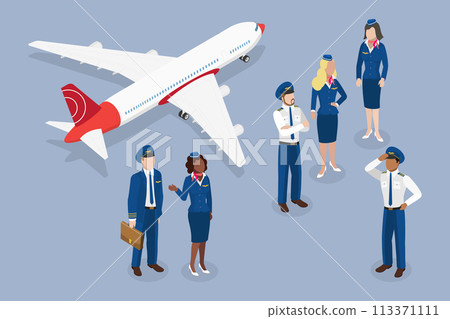 3D Isometric Flat Vector Illustration of Airplane Crew, Aircraft Staff 3D Isometric Flat Vector Illustration of Airplane Crew, Aircraft Staff 113371111
