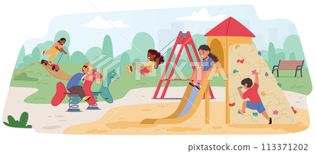 Laughing Children Swarm The Playground, Swinging Energetically, Sliding Swiftly, And Climbing With Fearless Joy 113371202