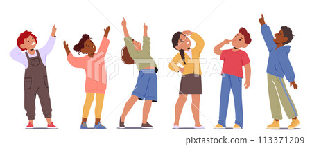 Group Of Kids Characters, Eyes Wide With Wonder, Point Upwards, Their Fingers Directed At The Sky, Vector Illustration Group Of Kids Characters, Eyes Wide With Wonder, Point Upwards, Their Fingers Directed At The Sky, Vector Illustration 113371209