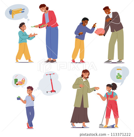 Parents Teaching Children Finance Education Involves Guiding Them On Budgeting, Saving, And The Value Of Money 113371222