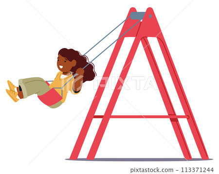 Joyful Child Character Swings Back And Forth On A Playground Swing, Laughter Mingling With The Creak Of Chains 113371244