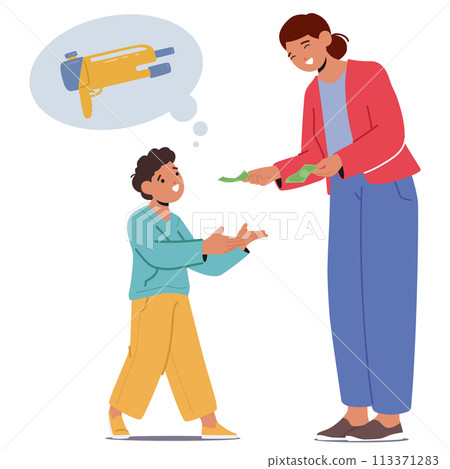 Finance Education Concept With Young Boy Character Approaches His Mom, Eyes Sparkling With Hope, Vector Illustration 113371283