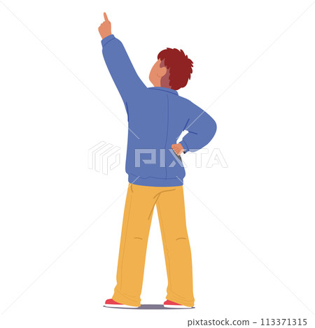 Child Rear View, Pointing Upward With Wonder, Curiosity And Excitement. Little Boy Character Embracing Joy Of Discovery Child Rear View, Pointing Upward With Wonder, Curiosity And Excitement. Little Boy Character Embracing Joy Of Discovery 113371315