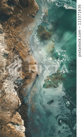 Capture a thoughtprovoking image of a person staring out at a polluted ocean, showcasing the devastating impact of pollution Use subtle visual cues to convey the urgency for innovative solutions 113371636