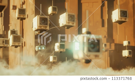A dynamic 3D model of floating cameras equipped with AI, battling to maintain cybersecurity amidst the chaos of a blinding sandstorm , studio lighting 113371768