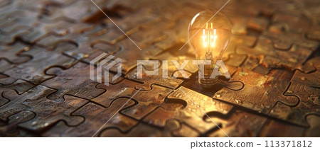 Bulb among unassembled puzzle, challenge representation, direct above, noon , Hyper realistic Bulb among unassembled puzzle, challenge representation, direct above, noon , Hyper realistic 113371812