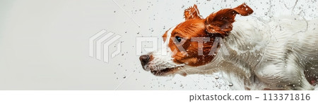 Dog shaking off water, droplets in midair, studio lighting, pure white background  , Prime Lenses 113371816