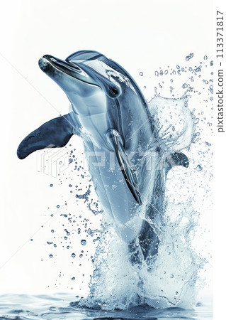 Dolphin with splash, playful gesture, low angle view, bright white background , Hyper realistic 113371817