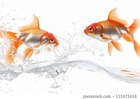 Goldfish jumping, water arc trail, crisp focus, isolated on white, soft glow , Hyper realistic 113371818