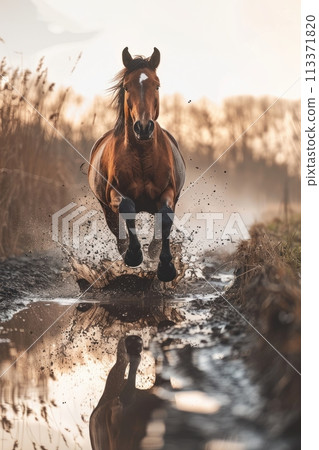 Horse galloping through puddle, splash detail, backlighting, white setting  , Prime Lenses 113371820