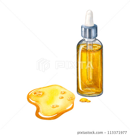 Transparent glass dropper bottle with golden liquid inside and drops of oil spread over the surface. Hand drawn watercolor illustration of serum dispenser isolated on background. For packaging design. 113371977