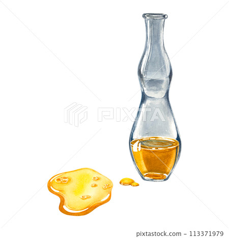 Glass shaped bottle with liquid and gold drop of oil spreading over the surface. Hand drawn watercolor illustration of flask with natural body care product isolated on background. Element for design. 113371979