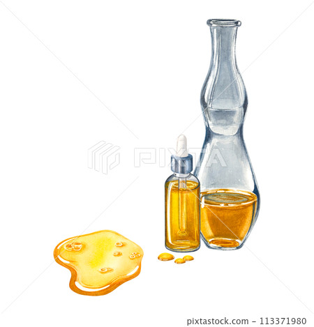 Transparent glass dropper bottle with liquid inside, glass flask and drops of oil spread over the surface. Hand drawn watercolor illustration of dispenser isolated on background. For packaging design. 113371980