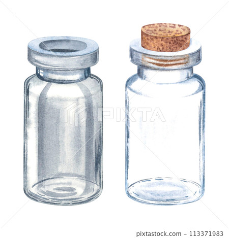 Two miniature clear glass empty bottles with wooden stopper. Hand drawn watercolor illustration of small vial isolated on background. For scrap-booking, wedding favors design, wedding decorations. 113371983