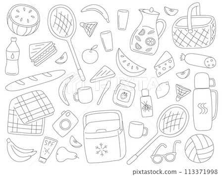 Big set outline vector elements for picnic, camping and hiking. Travel thermos with hot drink, Lemonade, picnic basket, blanket, badminton rackets, fruits and jar of strawberry jam 113371998