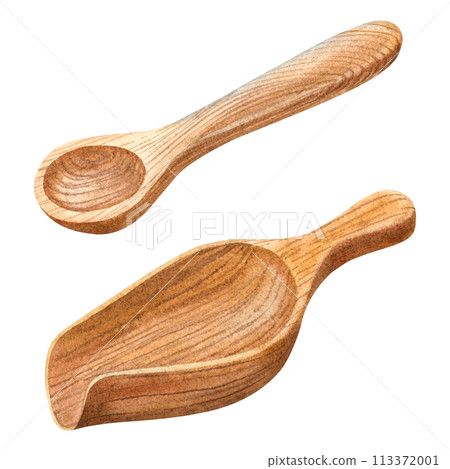 Wooden scoop and spoon for bulk dry products and cosmetics. Hand drawn watercolor illustration of spatula for cereals, powders on isolated background. For printing menus, postcards, banners, flyers. 113372001