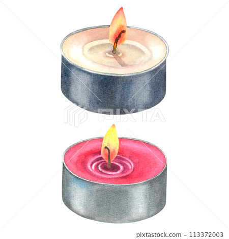 Mini-Sized Candles of white and pink paraffin wax complete with an aluminum base, cotton wick with candle's gentle glow. Hand drawn watercolor illustration on isolated background. For packaging design 113372003