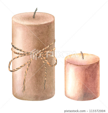 Two scented pillar soy wax candles with jute rope bow. Hand drawn watercolor illustration of vintage light isolated on background for aromatherapy, meditation, wellness spa, booklet, cozy interior. Two scented pillar soy wax candles with jute rope bow. Hand drawn watercolor illustration of vintage light isolated on background for aromatherapy, meditation, wellness spa, booklet, cozy interior. 113372004