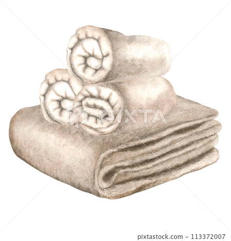 Neatly rolled up terry towel. Hand drawn watercolor illustration of fluffy towel isolated on background. Cotton spa towel for bathroom, sauna, beach. Used for brochure design for health resorts, spas. Neatly rolled up terry towel. Hand drawn watercolor illustration of fluffy towel isolated on background. Cotton spa towel for bathroom, sauna, beach. Used for brochure design for health resorts, spas. 113372007