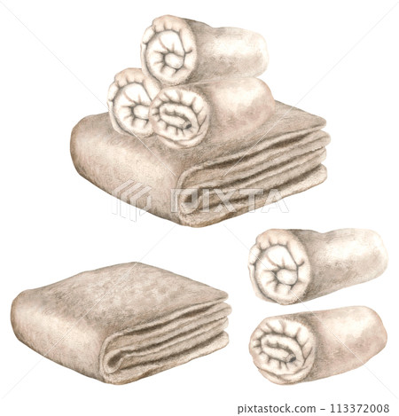 Neatly rolled up terry towel. Hand drawn watercolor illustration of fluffy towel isolated on background. Cotton spa towel for bathroom, sauna, beach. Used for brochure design for health resorts, spas. Neatly rolled up terry towel. Hand drawn watercolor illustration of fluffy towel isolated on background. Cotton spa towel for bathroom, sauna, beach. Used for brochure design for health resorts, spas. 113372008