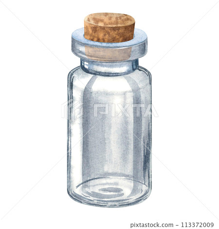 Miniature clear glass message empty bottle with wooden stopper. Hand drawn watercolor illustration of small vial isolated on background. For scrap-booking, wedding favors disign, wedding decorations. Miniature clear glass message empty bottle with wooden stopper. Hand drawn watercolor illustration of small vial isolated on background. For scrap-booking, wedding favors disign, wedding decorations. 113372009