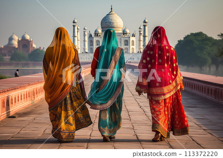Indian women in colorful sari and temple 113372220