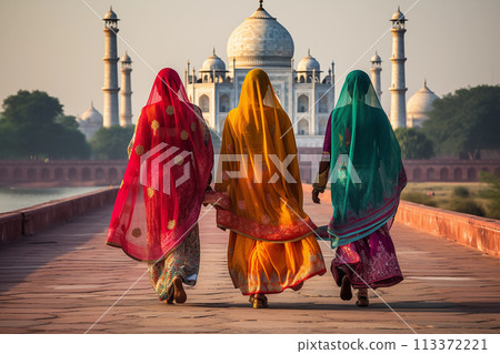 Indian women in colorful sari and temple 113372221