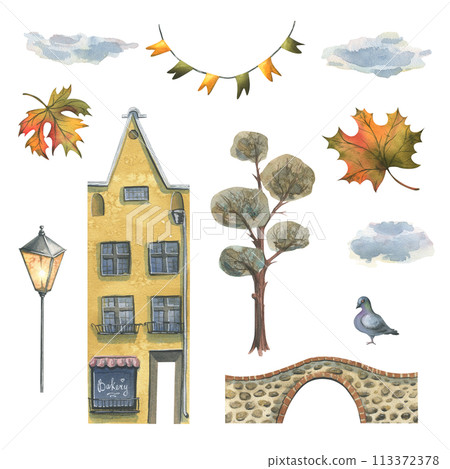Ancient European houses are colorful, with autumn trees and leaves, stone bridges and lanterns. Hand drawn watercolor illustration. Set of objects isolated from the background. Ancient European houses are colorful, with autumn trees and leaves, stone bridges and lanterns. Hand drawn watercolor illustration. Set of objects isolated from the background. 113372378