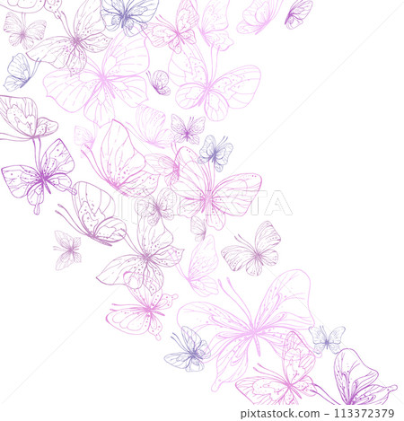 Butterflies are pink, blue, lilac, flying, delicate line art. Graphic illustration hand drawn in pink, lilac ink. Composition stream, template EPS vector. 113372379