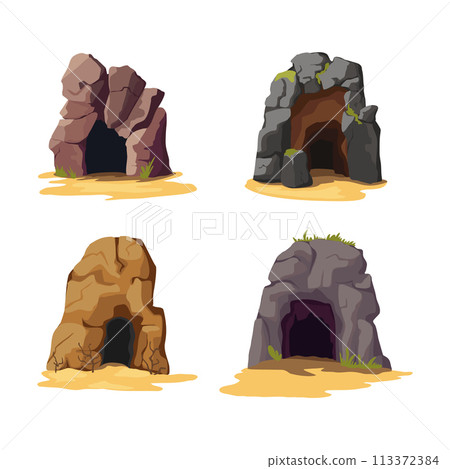 Cartoon Color Empty Stone Caves Entrance Set Concept Flat Design Style. Vector illustration of Abandoned Grot or Mine Cartoon Color Empty Stone Caves Entrance Set Concept Flat Design Style. Vector illustration of Abandoned Grot or Mine 113372384