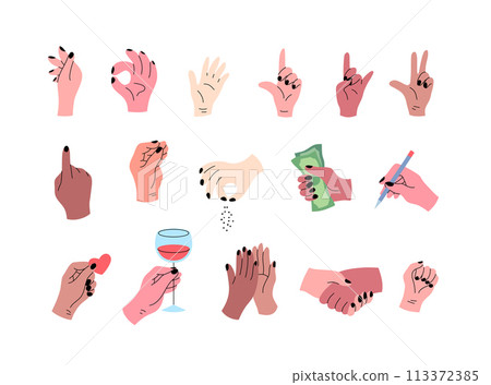 Cartoon Color Different Hand Gestures Set Concept Flat Design Style. Vector illustration of Arm Holding Banknote, Wine Glass and Pen 113372385