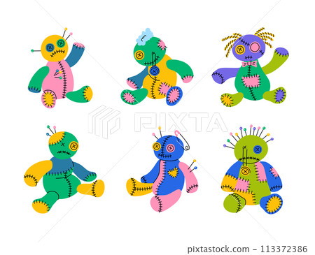 Cartoon Color Different Cute Voodoo Doll with Needles and Pin Set Concept Flat Design Style. Vector illustration 113372386