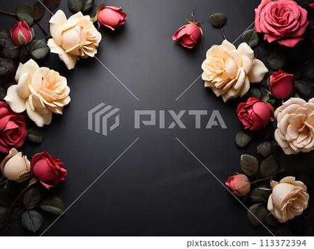 Beautiful roses on black background, flat lay. Space for text 113372394