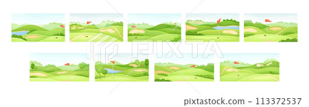 Green Golf Courses with Hole and Red Flag Pole Vector Set Green Golf Courses with Hole and Red Flag Pole Vector Set 113372537