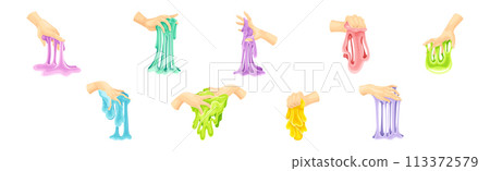 Human Hand Playing with Colorful Slime Toy Vector Set 113372579
