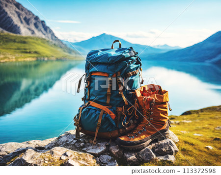 Backpack and hiking boots at the shore of beautiful scenic mountain lake 113372598