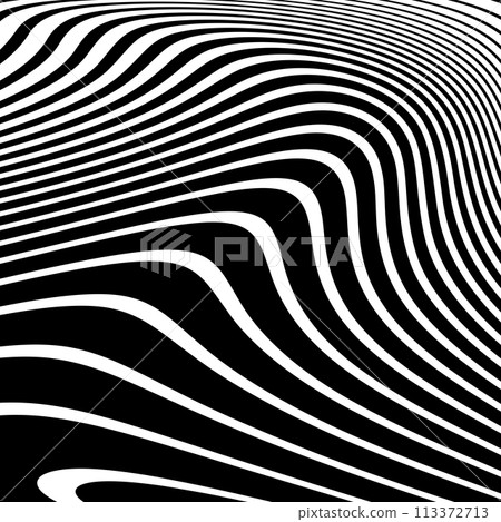 Wavy Lines Op Art Pattern with 3D Illusion Effect. Abstract Black and White Texture. Vector Illustration. 113372713