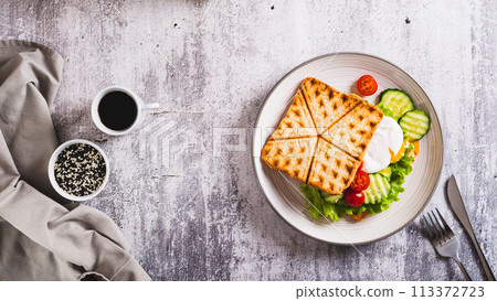 Poached egg with cucumber, tomato and lettuce on waffle toast on a plate top view web banner Poached egg with cucumber, tomato and lettuce on waffle toast on a plate top view web banner 113372723