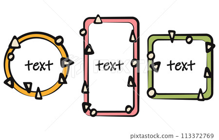 Decorative boho frame set, circle square geometrical shape. Hand drawn doodle ink stroke, bold brush cartoon style outline border, cute folk art graphics. Yellow green pink colour Decorative boho frame set, circle square geometrical shape. Hand drawn doodle ink stroke, bold brush cartoon style outline border, cute folk art graphics. Yellow green pink colour 113372769