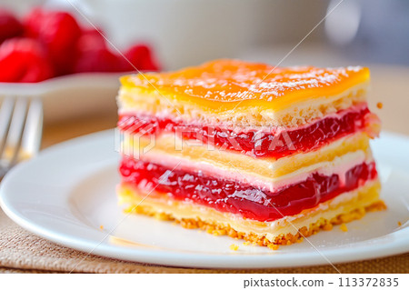 Piece of colorful jelly and custard Mille Feuille crepe cake on ceramic plate 113372835