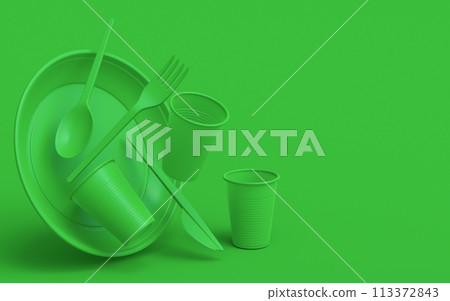 Set of disposable utensils like plate, folk, spoon,knife, cup and pepper mill 113372843