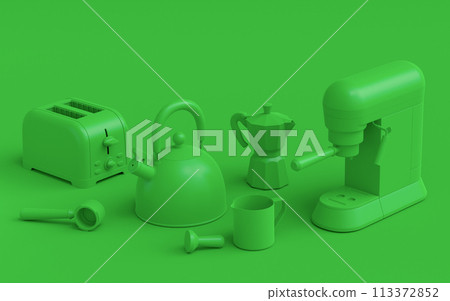 Electric kitchen appliances and utensils for making culinary on green monochrome Electric kitchen appliances and utensils for making culinary on green monochrome 113372852