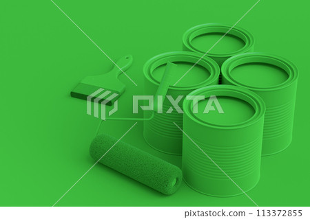 Set of metal and plastic buckets, paint roller and brush on monochrome 113372855