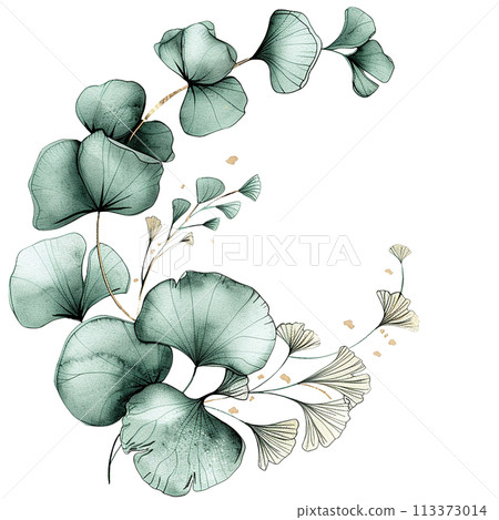 composition, a bouquet of watercolor eucalyptus and ginkgo leaves with gold elements. composition, a bouquet of watercolor eucalyptus and ginkgo leaves with gold elements. 113373014