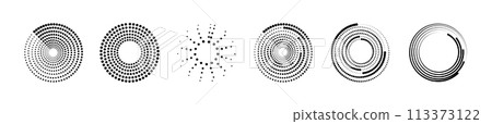 Halftone circular dotted frames set. Set of black thick halftone dotted speed lines. Speed lines in circle form. Geometric art. Vector 113373122